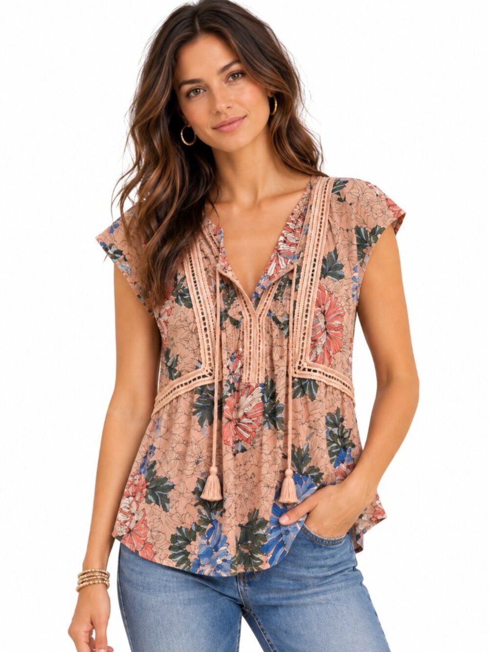 Daniel Rainn Pink Floral Tassel Tie Boho Blouse XS